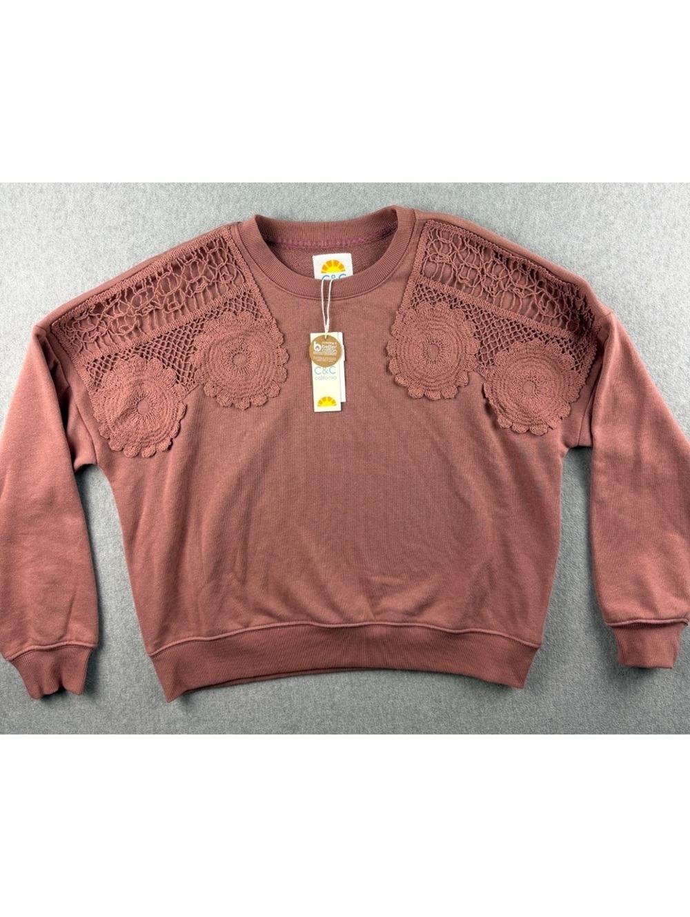 C&C California Womens Small Crochet Daisy Sweatshirt French Terry NWT
